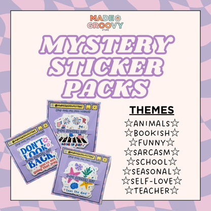 Promotional graphic for Made Groovy Mystery Sticker Packs with three sample packs on a patterned background.