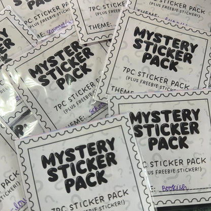 Multiple 'Mystery Sticker Pack' packages with black text on a white background.
